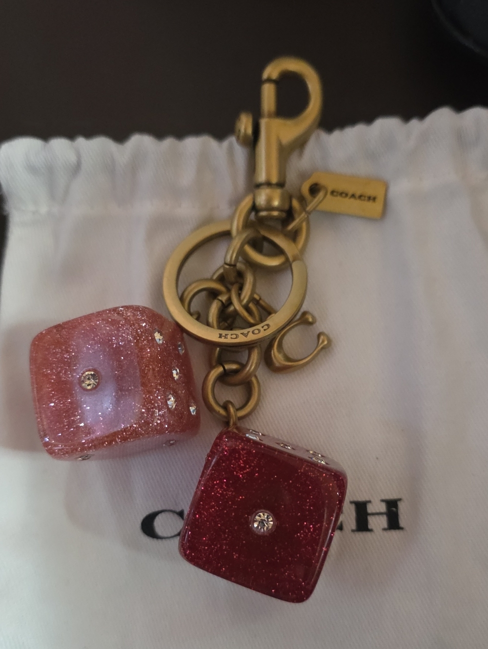 Coach Sparkling Large Glitter Dice Bag Charm W/ Dig Clip Euc with Dusty